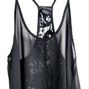 American Dream Sheer Lace Racer‎ Back Cami - Black - Large